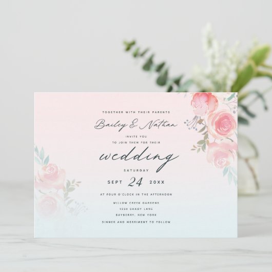 ピンクフランスのガーデンフローラ牡丹結婚の花束 招待状 (スタンド正面)