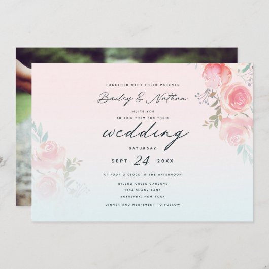 ピンクフランスのガーデンフローラ牡丹結婚の花束 招待状 (正面/裏面)
