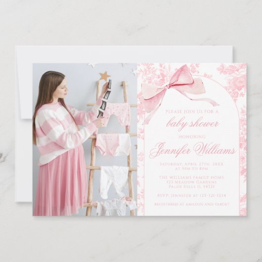 ピンクフランスのトイルバウ赤ちゃん女の子シャワー写真 招待状 (正面)
