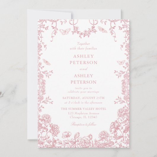 ピンクフランスのトイルフローラチノイスリー結婚ズ 招待状 (正面)