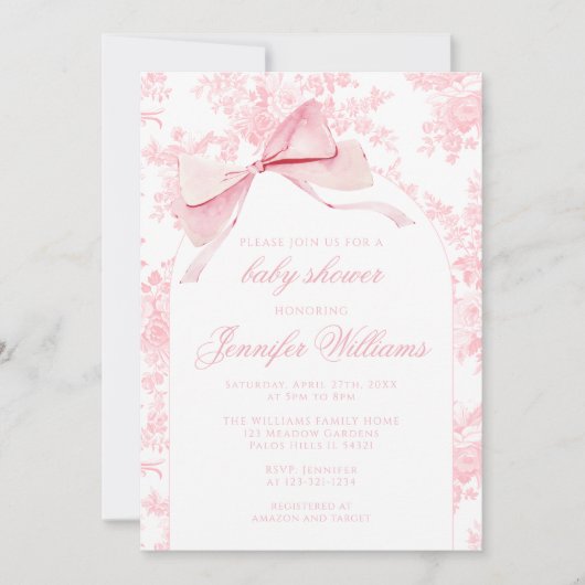 ピンクフランスのトワールフローラボウボーホベビーガールシャワー 招待状 (正面)