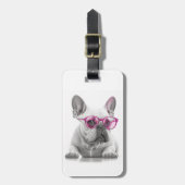 ピンクフランスのメガネの荷物タグ付きブルドッグ ラゲッジタグ (正面縦)