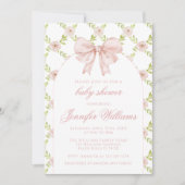 ピンクフランスのローズボウ春ベビーガールシャワー 招待状 (正面)