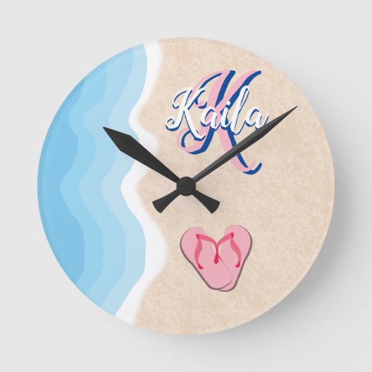 ピンクフリップフロップスビーチ ラウンド壁時計 (正面)