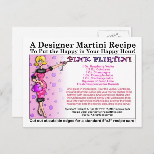ピンクフリルティーニマルティーニレシピカードポストカード ポストカード (正面/裏面)