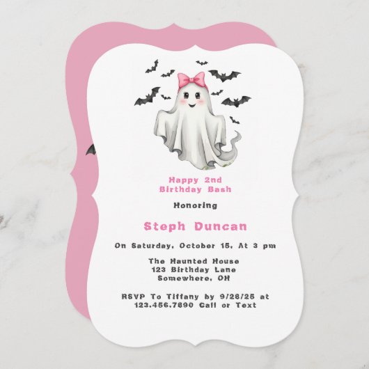 ピンクフレンドリーガール幽霊とこうもり誕生会 招待状 (正面/裏面)