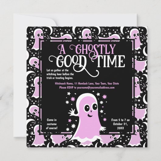 ピンクフレンドリー幽霊ズガールズハローウィンパーティ 招待状 (正面)