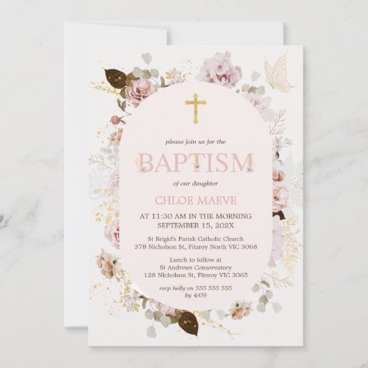 ピンクフレームガールズボホフローラバプテスマ《キリスト教》洗礼式や命名式 招待状 (正面)