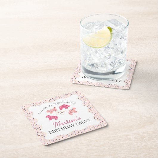 ピンクフロステッド動物のクッキー誕生日パーティー スクエアペーパーコースター (インサイチュ)