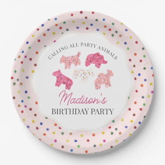 ピンクフロステッド動物のクッキー誕生日パーティー ペーパープレート (正面)