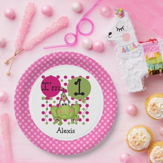 ピンクフロッグの第1誕生日紙プレート ペーパープレート (パーティー)