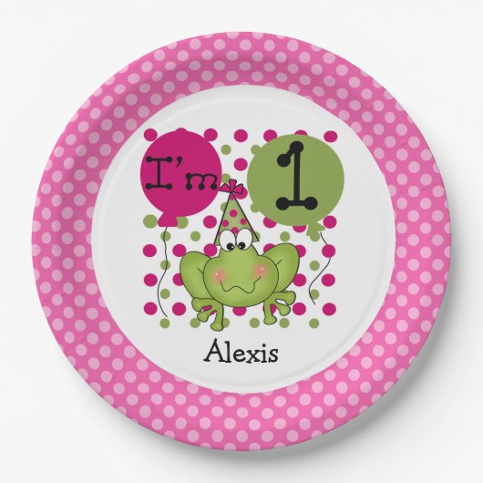 ピンクフロッグの第1誕生日紙プレート ペーパープレート (正面)