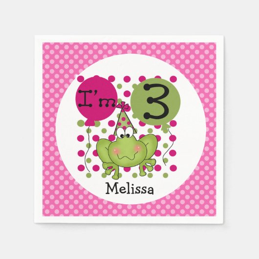 ピンクフロッグ3rd誕生日紙ナプキンス スタンダードカクテルナプキン (正面)