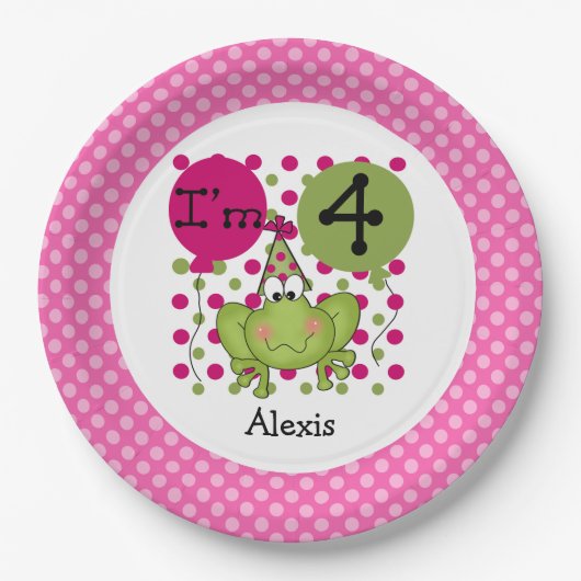 ピンクフロッグ4th誕生日紙プレート ペーパープレート (正面)