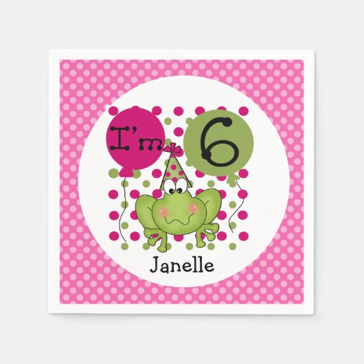 ピンクフロッグ6th誕生日紙ナプキンス スタンダードカクテルナプキン (正面)