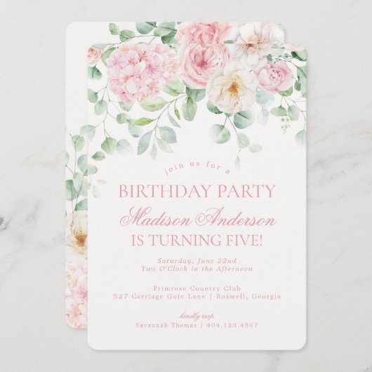 ピンクフローラあじさい植物誕生会 招待状 (正面/裏面)