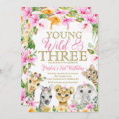 ピンクフローラあなたの野生&スリージャングル誕生日女の子 招待状 (正面/裏面)