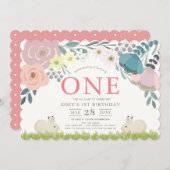 ピンクフローラいくつかのバニーガール1st誕生日 招待状 (正面/裏面)