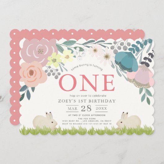 ピンクフローラいくつかのバニーガール1st誕生日 招待状 (正面/裏面)