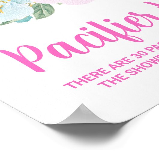 ピンクフローラおしゃぶり狩りベビーシャワーゲームサイン ポスター (角)