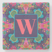 ピンクフローラおもしろいパターかわいらしンカスタムイニシャル ストーンコースター (正面)