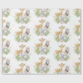 ピンクフローラかわいいジャングル動物ゾウのキリン ラッピングペーパー (フラット)