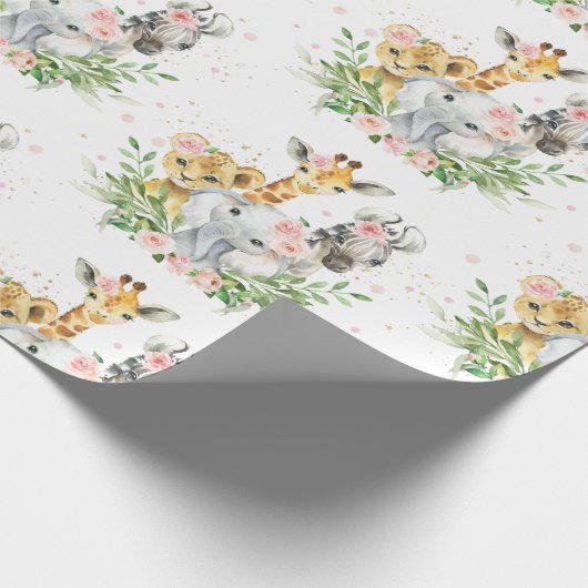 ピンクフローラかわいいジャングル動物ゾウのキリン ラッピングペーパー (角)
