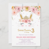 ピンクフローラかわいいバニーラビット第3位誕生日 招待状 (正面)