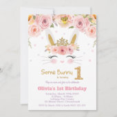 ピンクフローラかわいいバニーラビット1st第1誕生日 招待状 (正面)