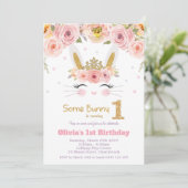 ピンクフローラかわいいバニーラビット1st第1誕生日 招待状 (スタンド正面)