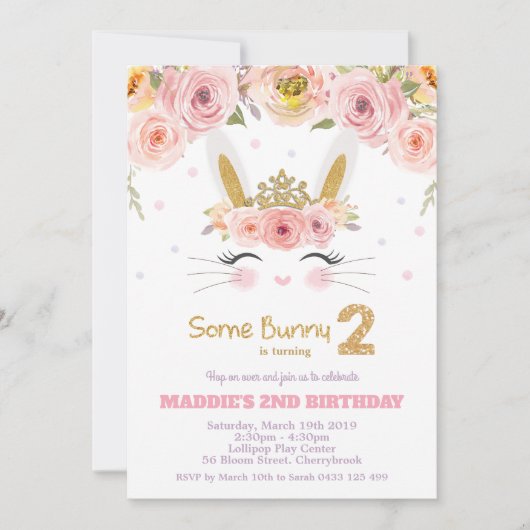 ピンクフローラかわいいバニーラビット2位誕生日 招待状 (正面)