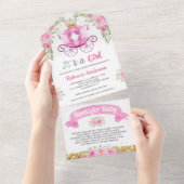 ピンクフローラかわいいプリンセスキャリッジベビーシャワー オールインワン招待状 (貼ってはがせる)