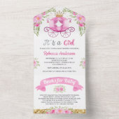 ピンクフローラかわいいプリンセスキャリッジベビーシャワー オールインワン招待状 (内側)