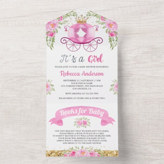 ピンクフローラかわいいプリンセスキャリッジベビーシャワー オールインワン招待状 (内側)