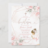 ピンクフローラかわいい女祈の子の《キリスト教》洗礼式や命名式バプテスマ 招待状 (正面)