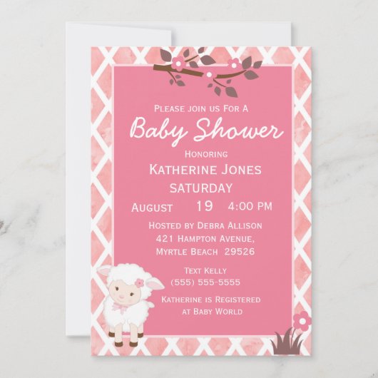 ピンクフローラかわいい子羊の赤ちゃんシャワー 招待状 (正面)