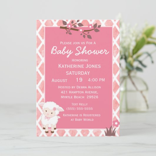 ピンクフローラかわいい子羊の赤ちゃんシャワー 招待状 (スタンド正面)