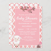 ピンクフローラかわいい子羊の赤ちゃんシャワー 招待状 (正面/裏面)