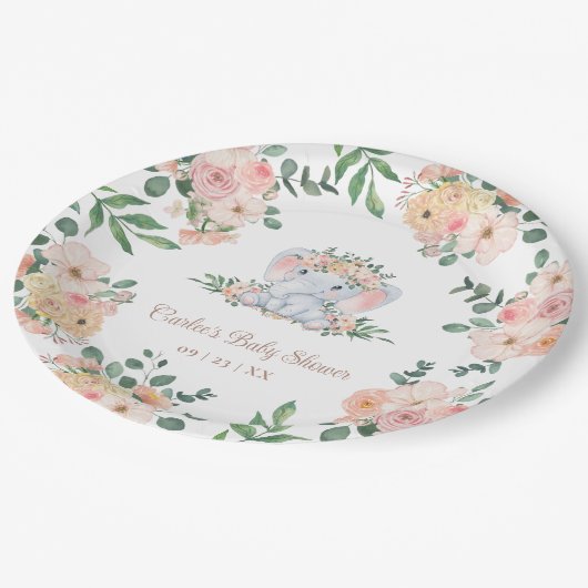 ピンクフローラかわいい象の赤ちゃん女の子ベビーシャワー ペーパープレート