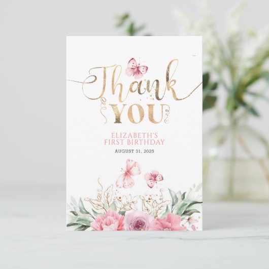 ピンクフローラかわいい金ゴールド誕生日ありがとう サンキューカード (スタンド正面)