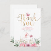 ピンクフローラかわいい金ゴールド誕生日ありがとう サンキューカード (正面/裏面)