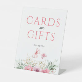 ピンクフローラかわいい金ゴールド誕生日カードとギフト 台座サイン