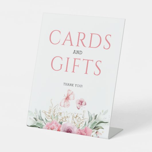 ピンクフローラかわいい金ゴールド誕生日カードとギフト 台座サイン (正面)