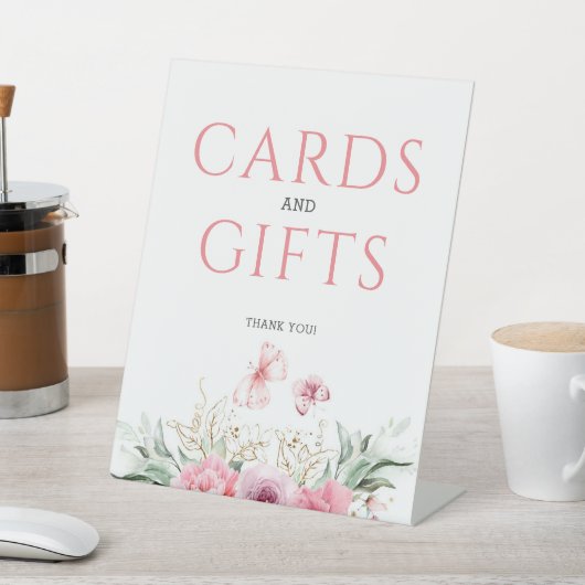 ピンクフローラかわいい金ゴールド誕生日カードとギフト 台座サイン (インサイチュ)