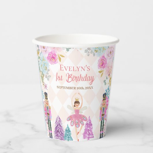 ピンクフローラくるみ割りランド・オブ・スイーツ誕生日 紙コップ (正面)
