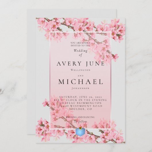 ピンクフローラさくらんぼブロッサム結婚式招待状 招待状 (正面/裏面)