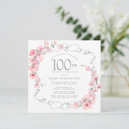 ピンクフローラさくらんぼブロッサム100th誕生日パーティー 招待状 (スタンド正面)