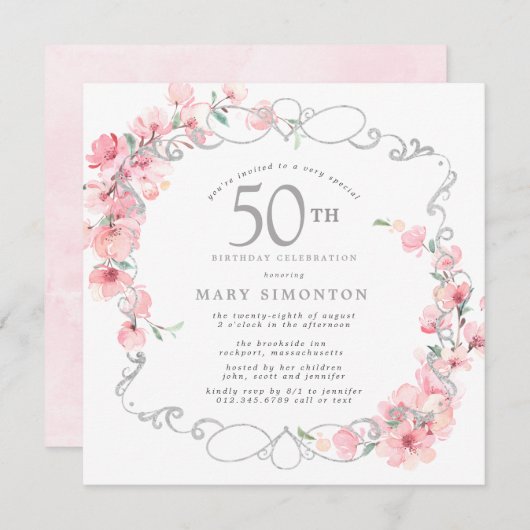ピンクフローラさくらんぼブロッサム50th誕生日パーティー 招待状 (正面/裏面)