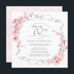 ピンクフローラさくらんぼブロッサム70th誕生日パーティー 招待状<br><div class="desc">柔らかい赤面ピンクのさくらんぼの花は銀の枠エレガントに絡み合う。70歳の誕生日パーティーの詳細は書柔らかな灰色の文字である。この四角い誕生日の招待は、背中に柔らかいピンクの水色の洗い流しを持っている。第70回誕生日さくらんぼブロッサム・コレクションの一部。非常に招待スイートまたはピンクのフローラパーティーデコレーションを作成するかわいらしために必要なアイテムが含まれている。</div>