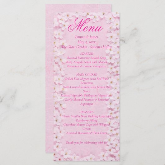 ピンクフローラさくらんぼ結婚ブロッサムのメニューカード メニュー (正面/裏面)